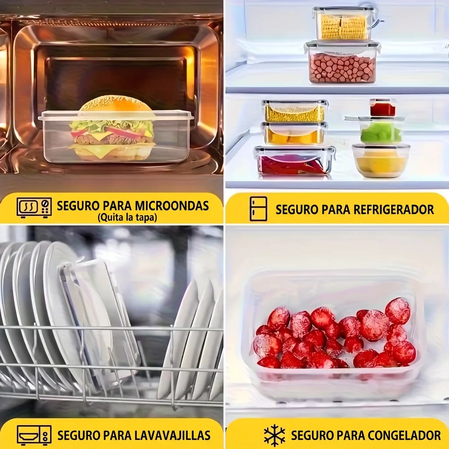 Set 8 recipientes herméticos sin BPA con tapa de cierre - apto microondas y congelador para frutas verduras y secos