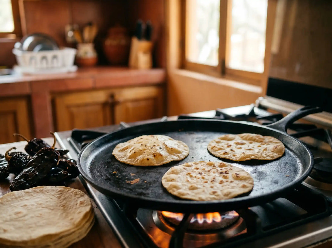 Comal de hierro com tortillas de maíz calentándose, chiles anchos secos y luz natural de cocina mexicana tradicional