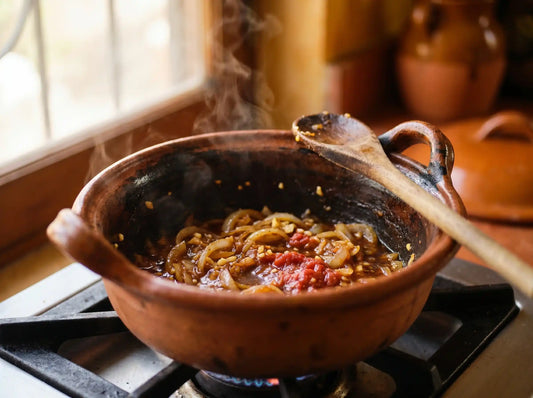 Cazuela de barro com sofrito mexicano de cebolla caramelizada, ajo y jitomate a fuego lento com cuchara de madera