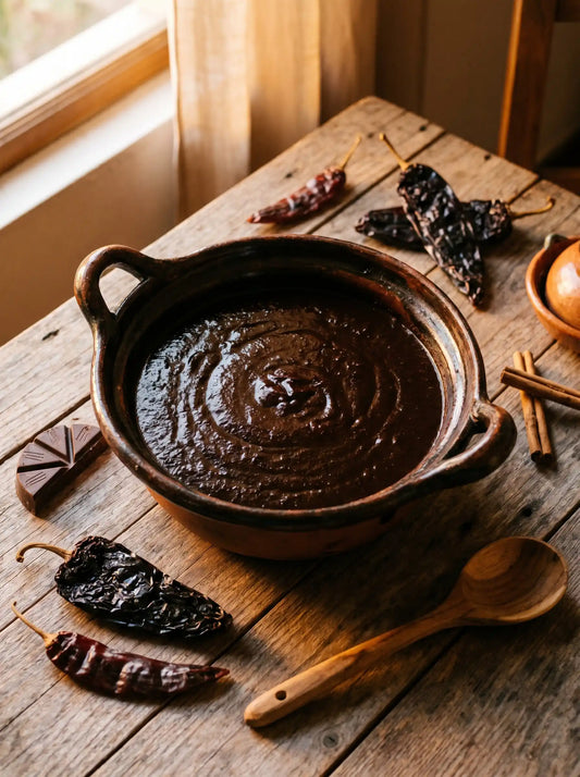 Cazuela de barro com mole negro casero rodeada de chiles anchos secos, chocolate amargo y canela sobre mesa de madera rústica