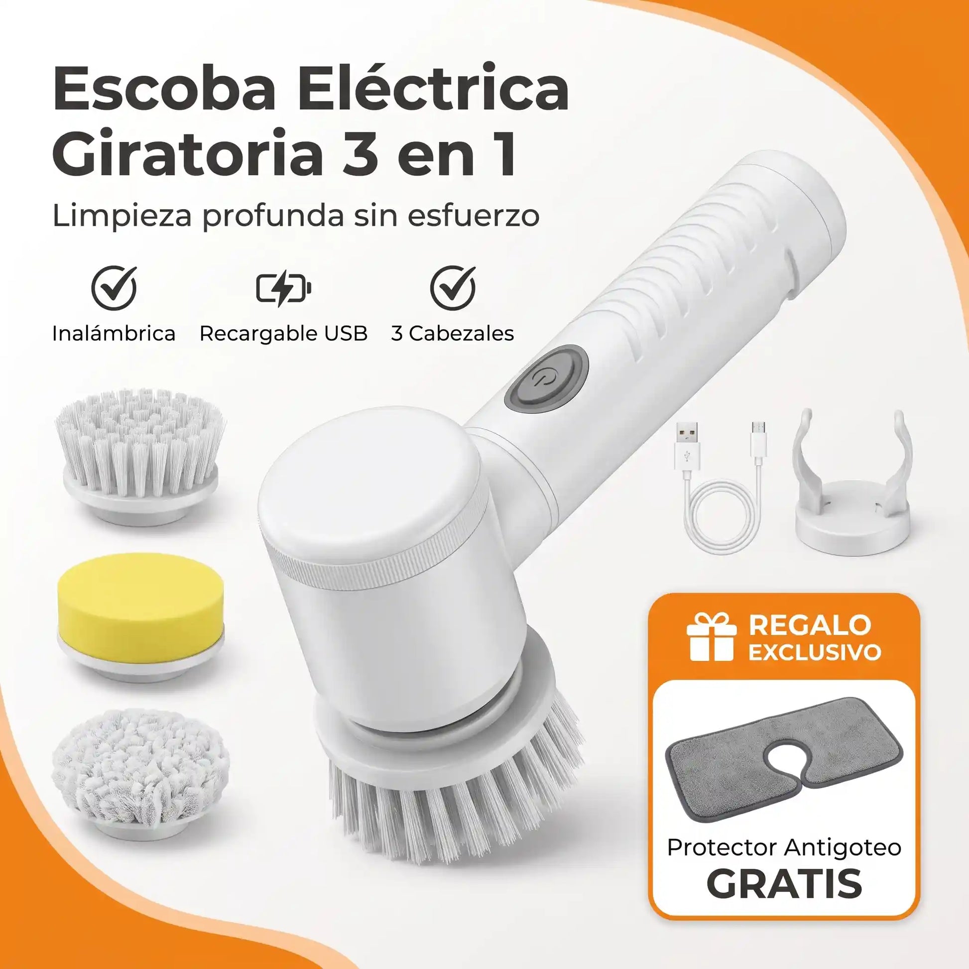 Escoba eléctrica giratoria inalámbrica blanca con 3 cabezales para limpieza cocina y baño
