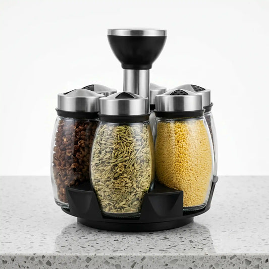 Especiero giratorio negro 6 frascos vidrio organizador condimentos cocina

