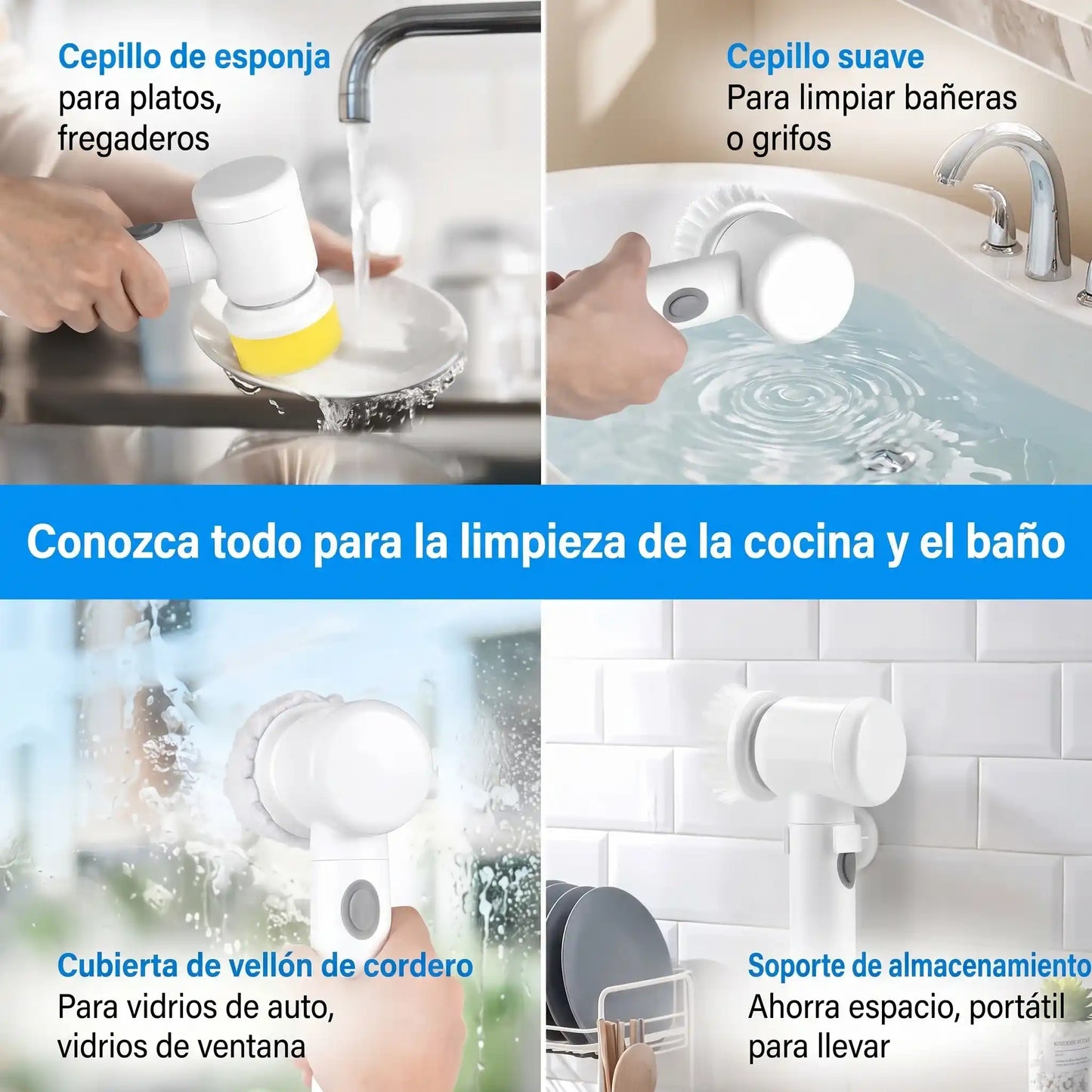 Escoba eléctrica giratoria inalámbrica blanca con 3 cabezales para limpieza cocina y baño