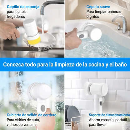 Escoba eléctrica giratoria inalámbrica blanca con 3 cabezales para limpieza cocina y baño