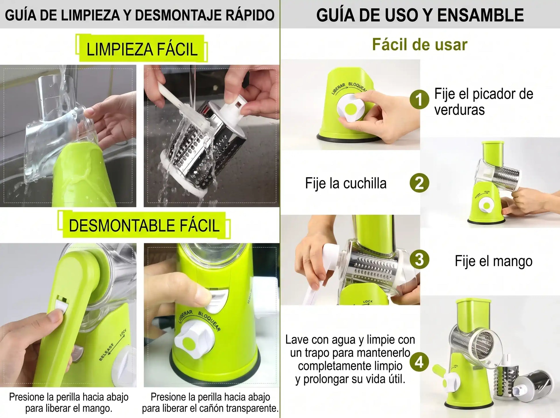 Rallador rotativo 3 en 1 - triturador manual verduras, queso y nueces, acero inoxidable
