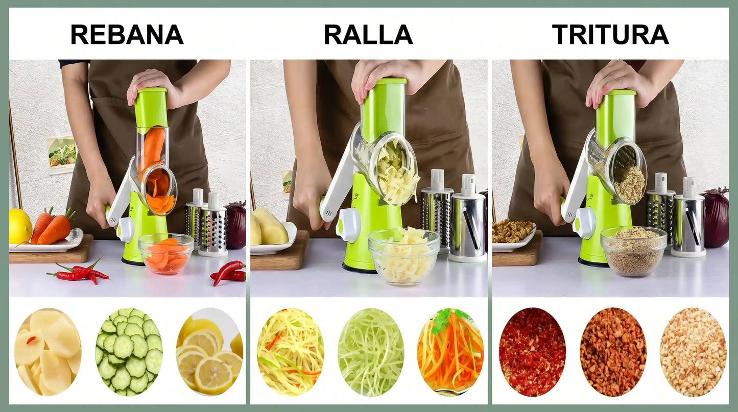 Rallador rotativo 3 en 1 - triturador manual verduras, queso y nueces, acero inoxidable