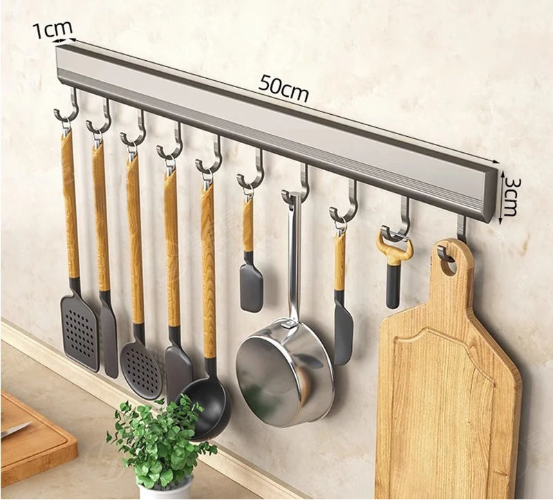 Rack organizador de cocina aluminio 10 ganchos montaje en pared

