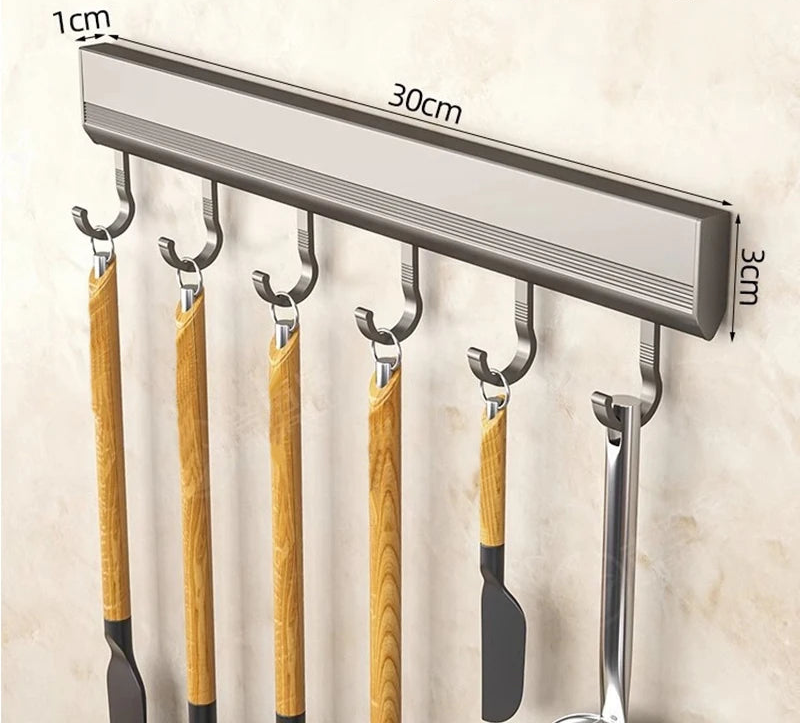 Rack de aluminio para cocina 6 ganchos montaje en pared
