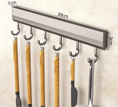 Rack de aluminio para cocina 6 ganchos montaje en pared
