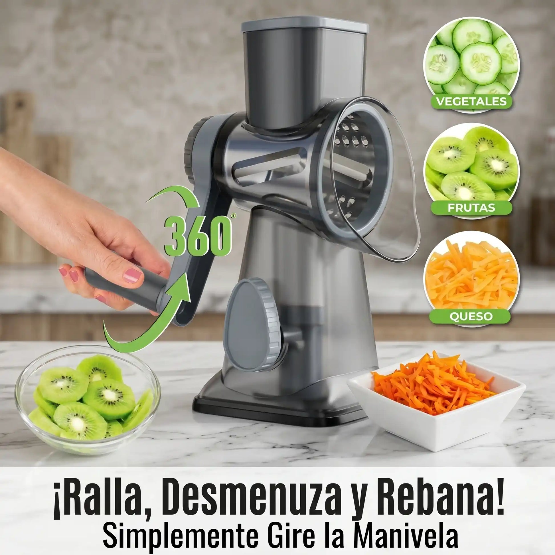 Rallador rotativo 3 en 1 color azul - triturador manual verduras, queso y nueces, acero inoxidable

