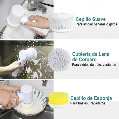 Escoba eléctrica giratoria inalámbrica blanca con 3 cabezales para limpieza cocina y baño