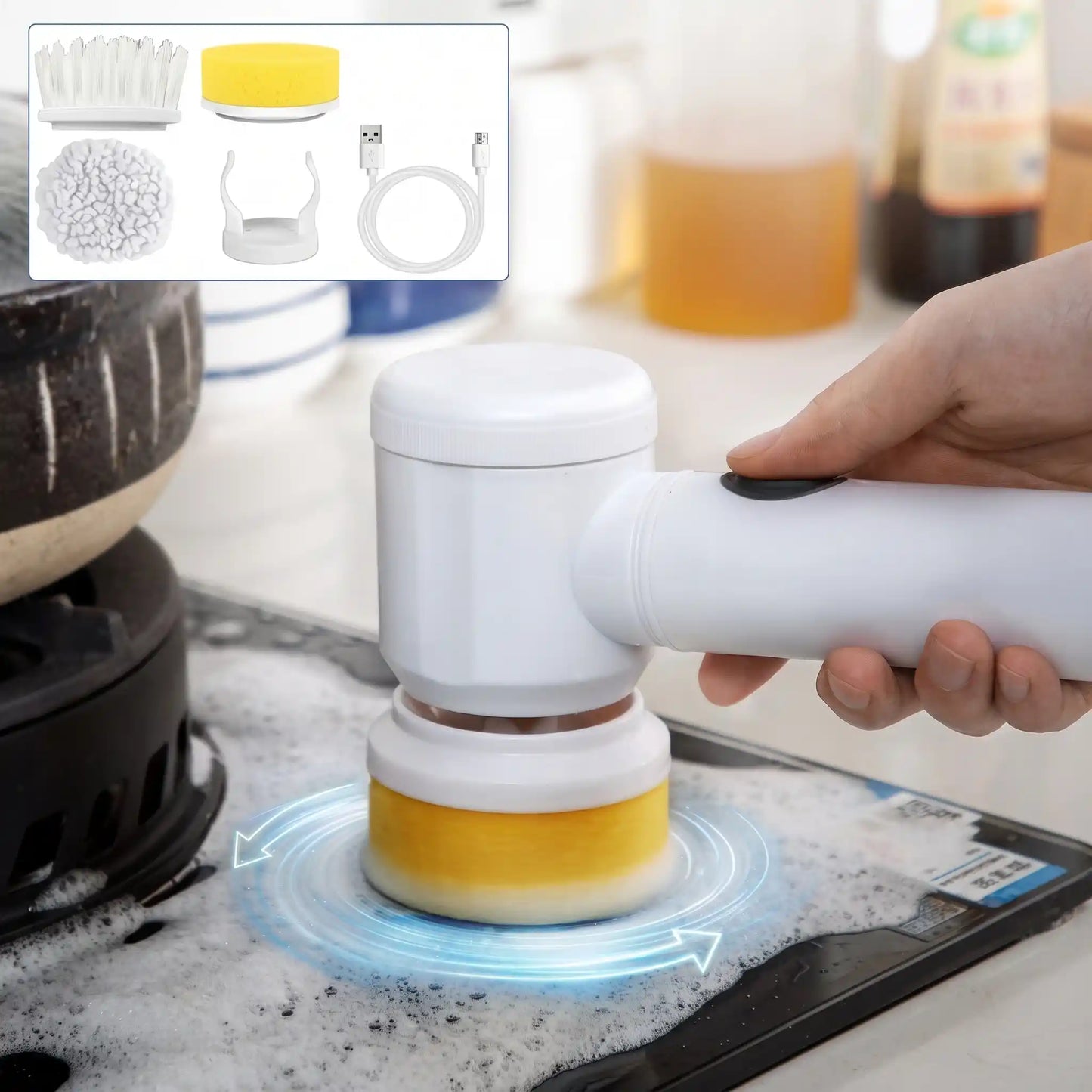 Escoba eléctrica giratoria inalámbrica blanca con 3 cabezales para limpieza cocina y baño
