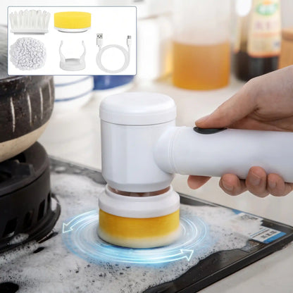 Escoba eléctrica giratoria inalámbrica blanca con 3 cabezales para limpieza cocina y baño