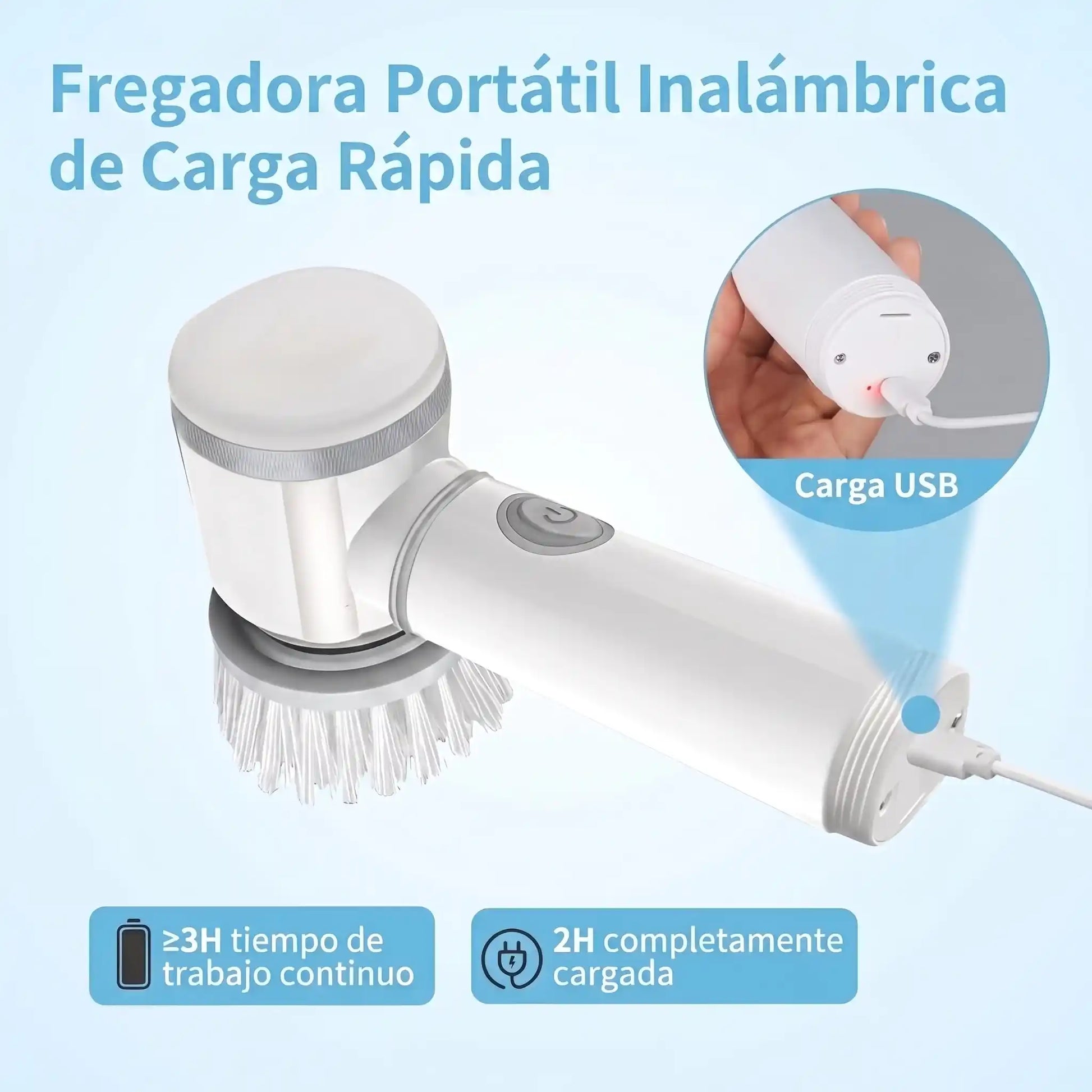Escoba eléctrica giratoria inalámbrica blanca con 3 cabezales para limpieza cocina y baño
