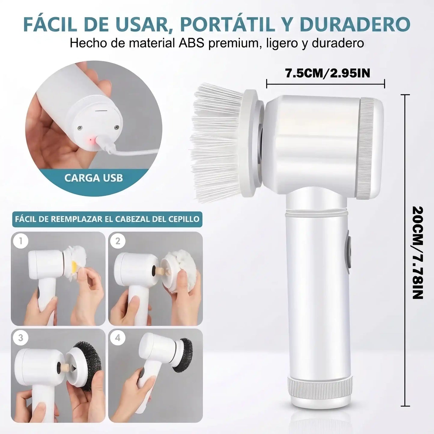 Escoba eléctrica giratoria inalámbrica blanca con 3 cabezales para limpieza cocina y baño