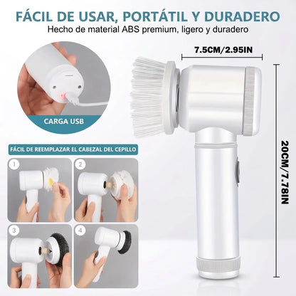 Escoba eléctrica giratoria inalámbrica blanca con 3 cabezales para limpieza cocina y baño