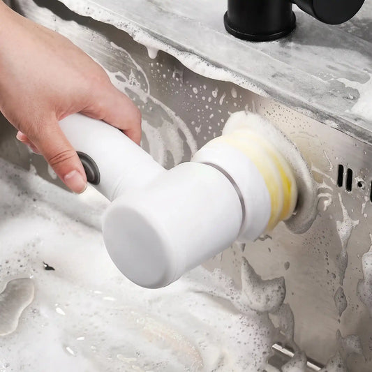 Escoba eléctrica giratoria inalámbrica blanca con 3 cabezales para limpieza cocina y baño
