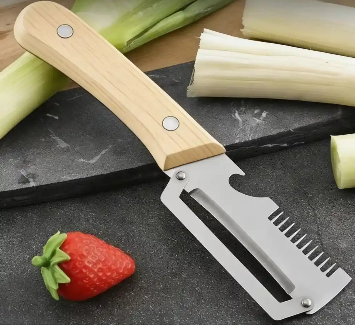 Cuchillo pelador 2 en 1 mango madera acero inoxidable pela frutas y verduras

