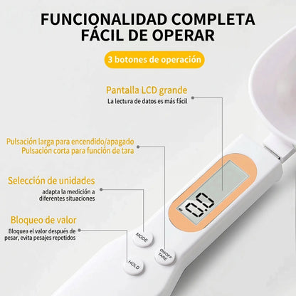 Báscula de cuchara digital blanca para café y repostería
