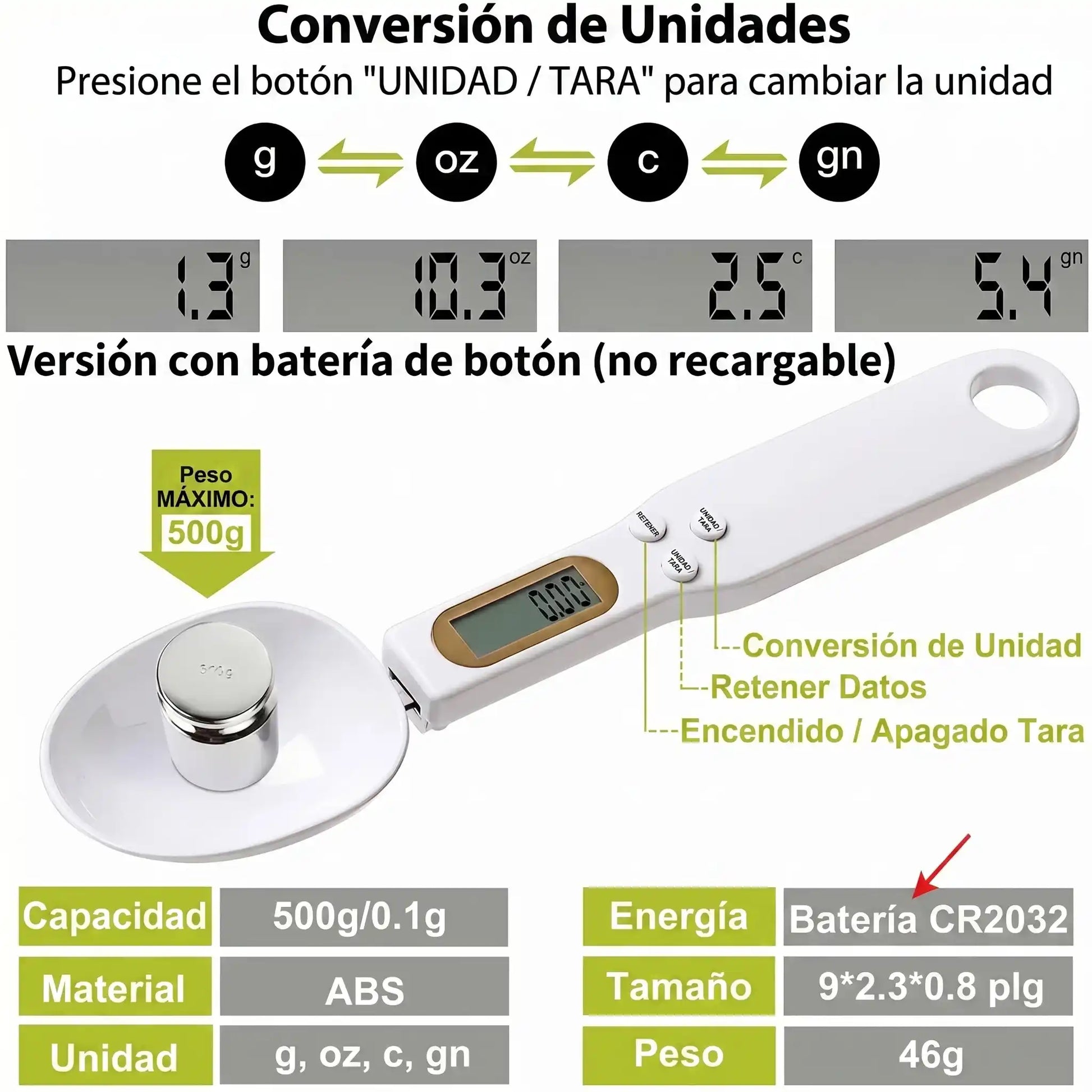 Báscula de cuchara digital blanca para café y repostería
