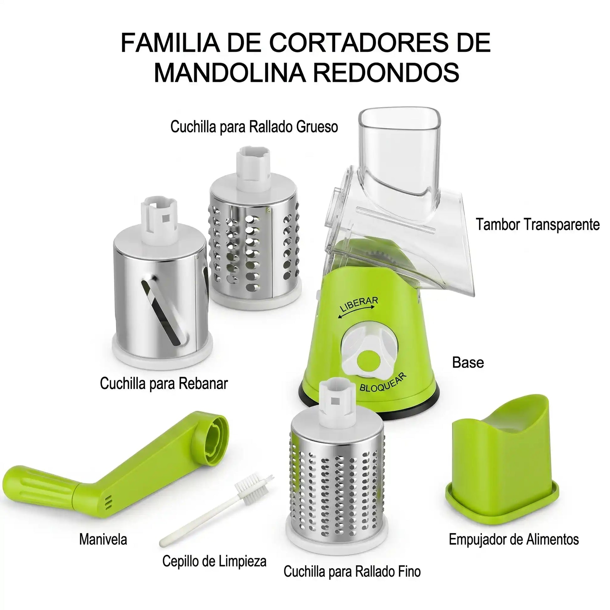 Rallador rotativo 3 en 1 - triturador manual verduras, queso y nueces, acero inoxidable
